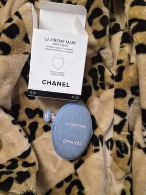 NEW CHANEL Light Blue Denim-Style Hand Cream Pouch with Pink Accent